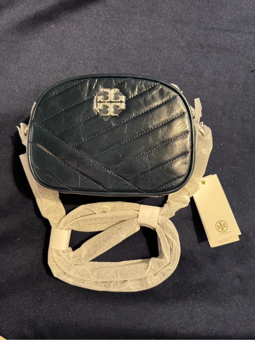 Tory Burch Kira Small Blue Distressed Chevron Quilted Crossbody Zip Gold